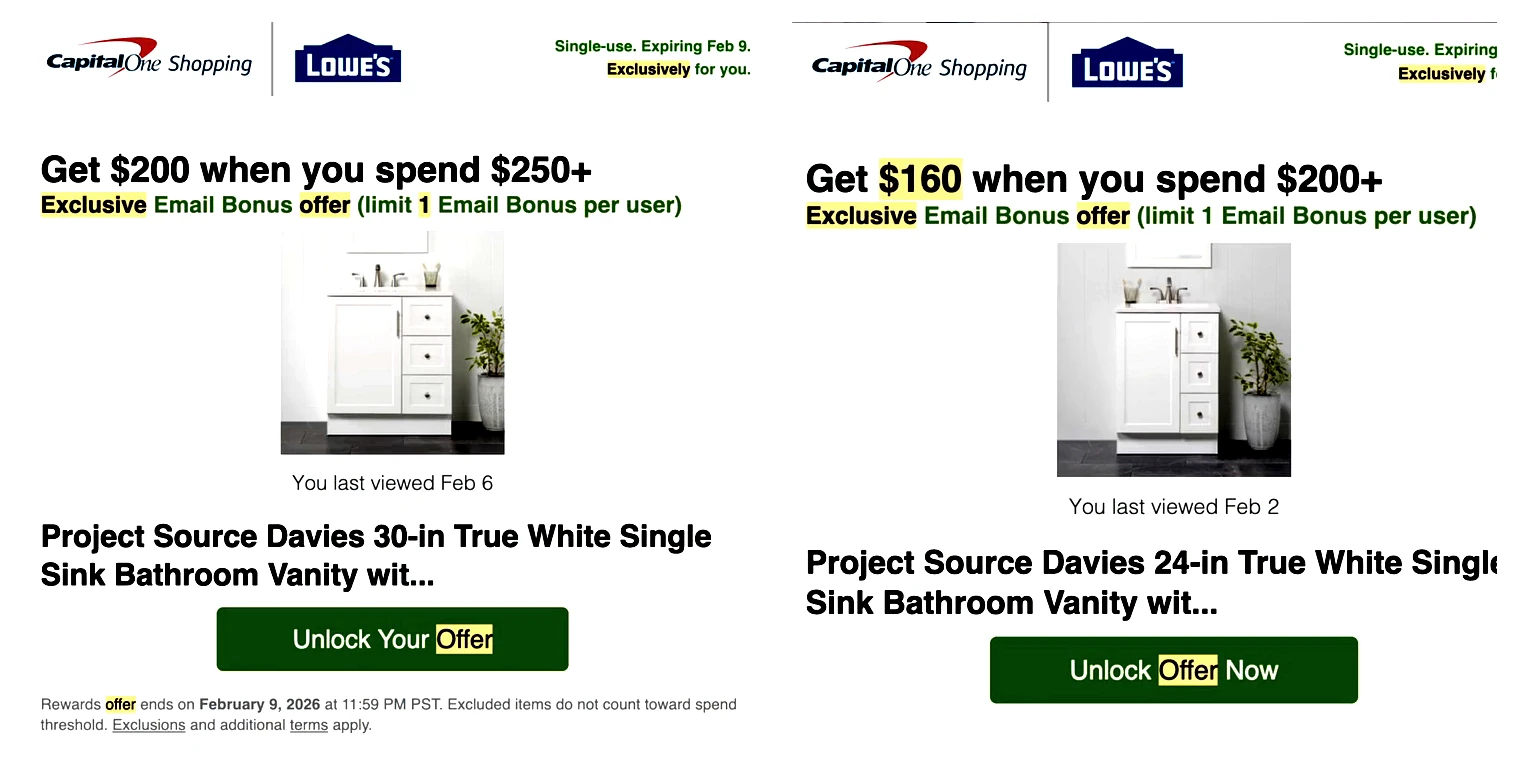 Two Capital One Shopping targeted Lowe's offers: 200 dollars back on 250 dollars spent and 160 dollars back on 200 dollars spent, each noting the date the item was last viewed