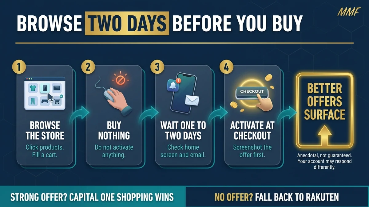 The Capital One Shopping trigger technique: browse the store, buy nothing, wait one to two days, then activate the offer at checkout
