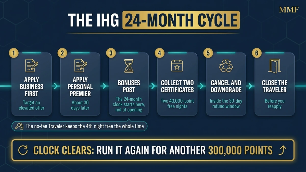 The IHG credit card 24-month cycle: apply business first, personal second, collect certificates, downgrade, repeat