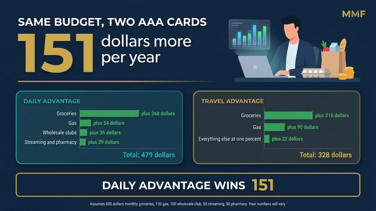 AAA Daily Advantage Visa Signature Credit Card vs the Travel Advantage on the same household budget: the Daily Advantage earns $479 a year versus $328, a $151 difference.